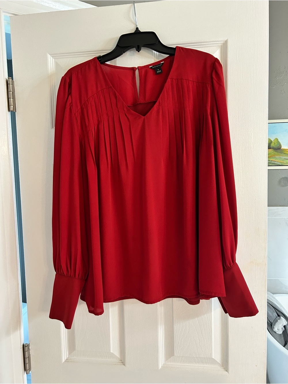 Anne Taylor Pleated Red Long-Sleeve V-Neck Blouse